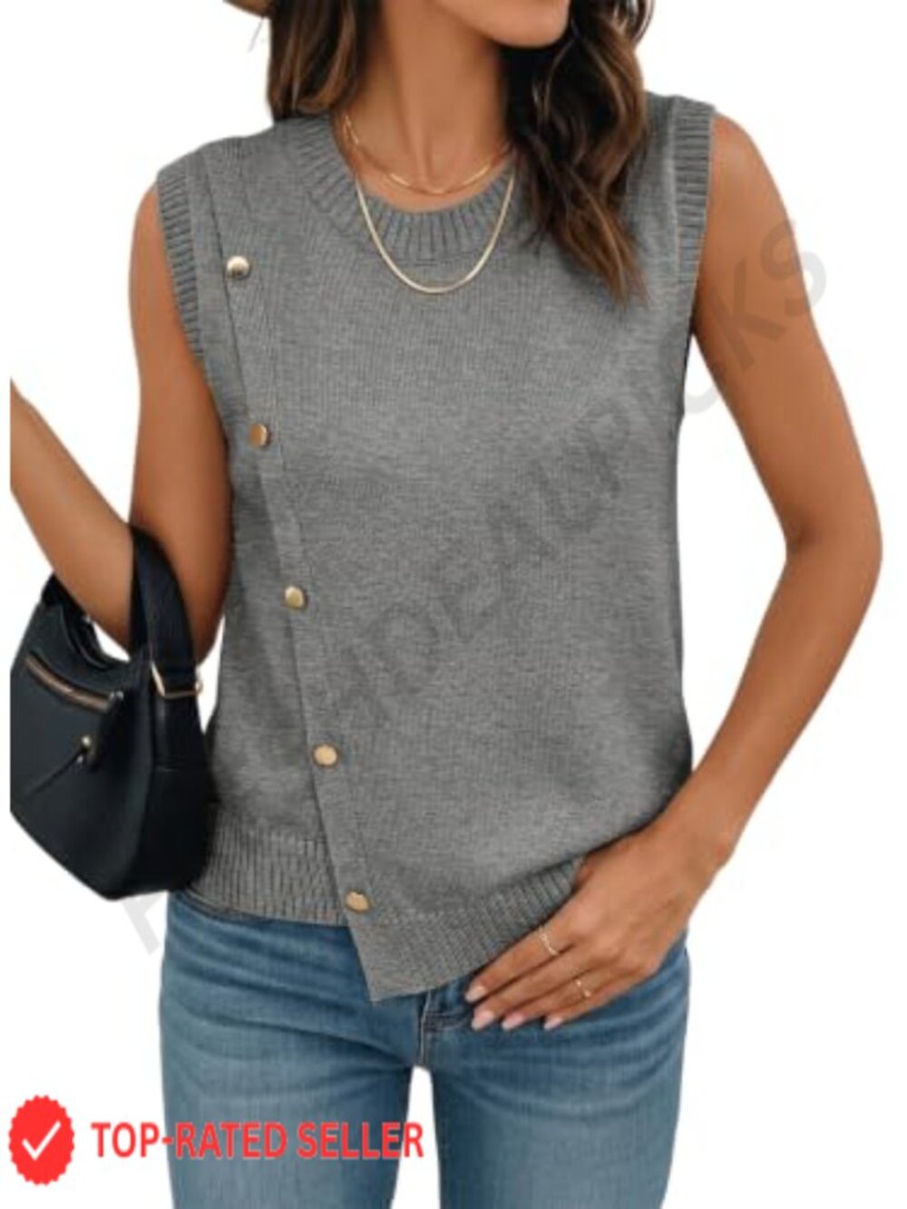 Sleeveless Pullover Knit Sweater Vest Irregular Hem Gold Button Detail